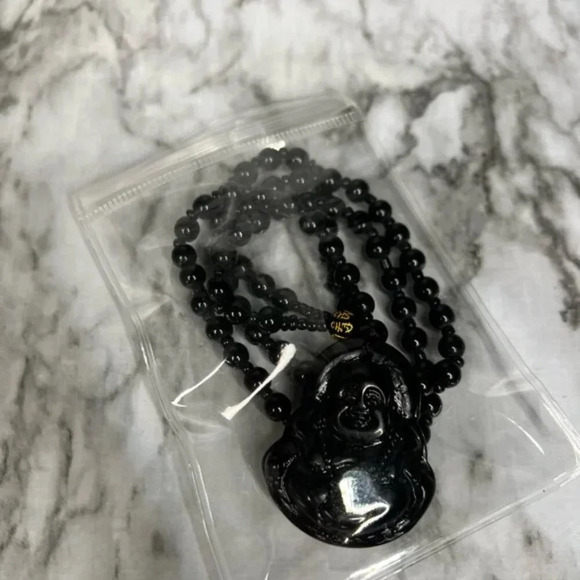 JADE obsidian Black Hand Carved Maitreya Buddah Pendant Necklace - Picture 5 of 6